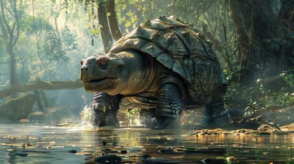 Amidst despondency the teacher spawns hope with lessons on the snapping turtle and hippogriff evoking the ancient wisdom of the mastodon - obrazy, fototapety, plakaty