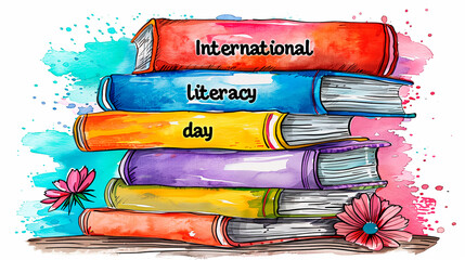 Celebrating literature, world book day, watercolor illustration of a stack of books for international literature day  - obrazy, fototapety, plakaty