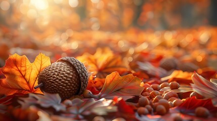 Acorn nestled in vibrant autumn leaves morning sun macro shot symbol of new beginnings