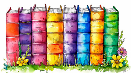 row of books  watercolor illustration on a white background  - obrazy, fototapety, plakaty
