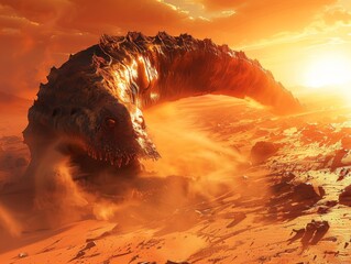 3D sandworm bursting from desert dunes sunrise dynamic perspective hyper realistic texture