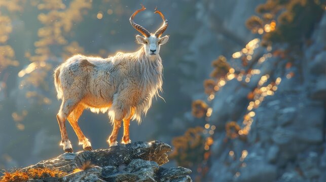 3D markhor standing on a cliff edge dawn light majestic stance lifelike fur detail