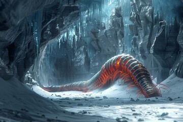 Centipede navigates the ice wall is crevices a world apart from the bull shark is domain yet linked by a tour guide is tales of envy and survival - obrazy, fototapety, plakaty