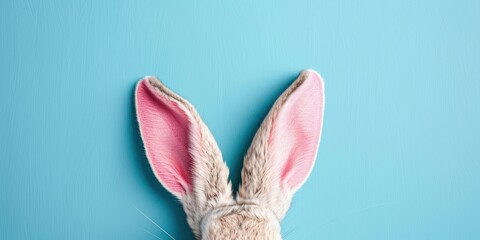 rabbit ears stick out with copy space on a blue background 