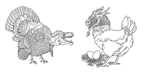 A fantasy creature: half dragon - half chicken and turkey. Coloring book with animals mutants.