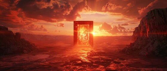 Demonic portal opening in a desolate wasteland sunset wide shot hellish red tones