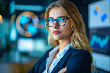 Portrait of a focused female business woman with glasses