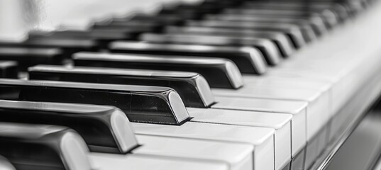 Monochrome close up of piano keyboard in black and white tones, musical instrument detail
