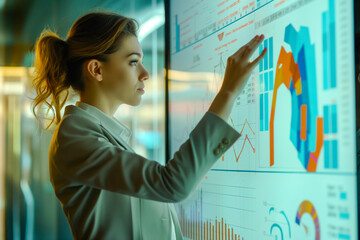 Businesswoman at the executive level analyzes the work strategy of the organization. Measure...