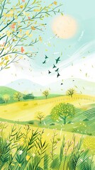 Field With Birds Flying Over It