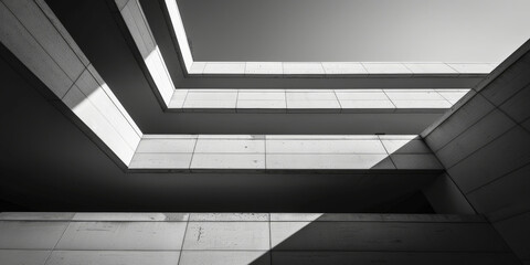 Obraz premium A closeup of white concrete corner apartment building with architectural detail geometric shapes, minimalist concrete geometric building architecture detail ceiling of an art decoration building,