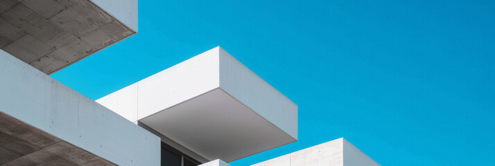 A closeup of white concrete  corner  apartment building with architectural detail geometric shapes on blue sky background. modern concrete building in blue