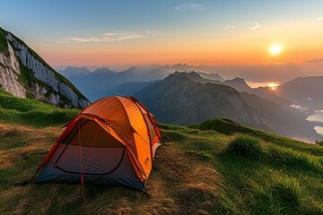Camping tent on the top of a mountain in the morning light - obrazy, fototapety, plakaty