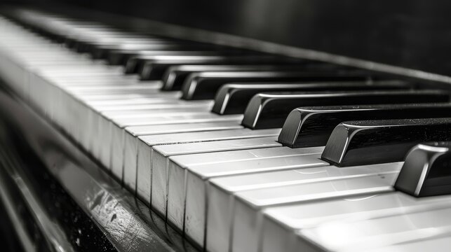 Monochrome close up image of a black and white piano keyboard for detailed viewing