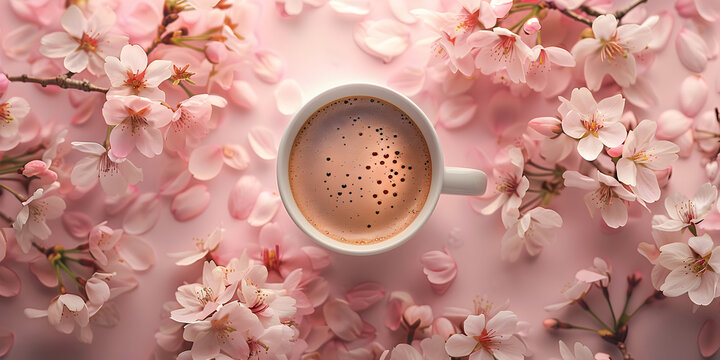 Delicate pink cup with blossom holds coffee muted tones, A coffee cup surrounded by blooming cherry blossoms.
