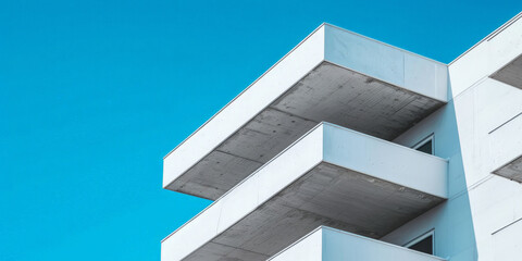 A closeup of white concrete  corner  apartment building with architectural detail geometric shapes on blue sky background. modern concrete building in blue