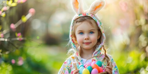 portrait child with detailed blue eyes in Easter bunny outfit holding a basket of colorful eggs, joyous expression, 