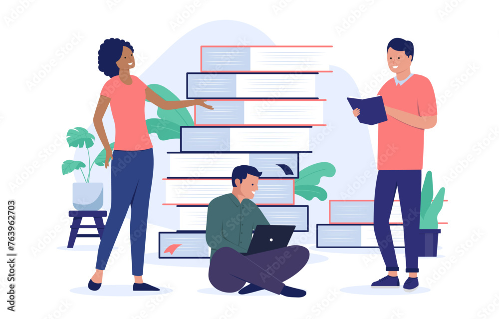 Aufkleber People and books - Team of three diverse student people using computer and reading book. Education and studying concept in flat design vector illustration with white background