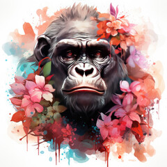 watercolor Gorilla Flowers clipart, Generative Ai