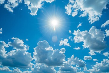 Blue sky background with tiny clouds and sun,  Beautiful natural background - obrazy, fototapety, plakaty