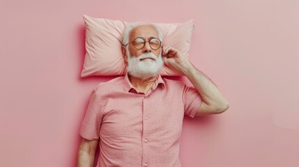 Elderly man sleeping on pillow isolated on pastel pink colored background Sleep deeply peacefully rest. Top above high angle view photo portrait of satisfied .senior wear pink shirt