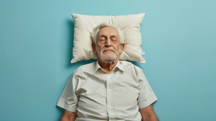 Elderly man sleeping on pillow isolated on pastel blue colored background Sleep deeply peacefully...