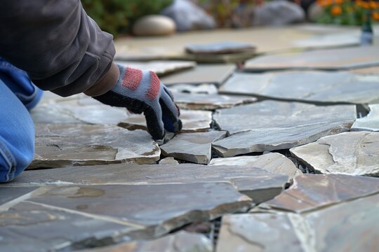 person with gloves fitting flagstones in a garden patio