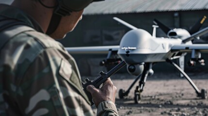 An operator adjusts an attack drone before flying