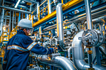 Chemical industry plant workers wearing uniform, eye shield glasses and hard hat checking pipes and machinery at refinery. - obrazy, fototapety, plakaty