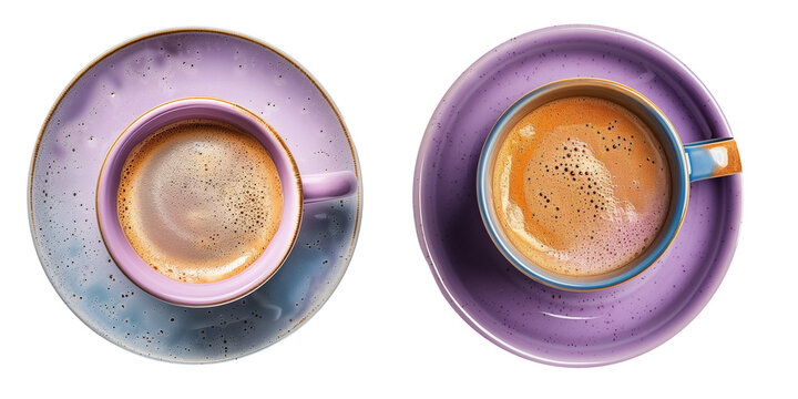 set of two purple ceramic/ porcelain coffee cups clipart on transparent background, handmade pottery seen from above with cappuccino