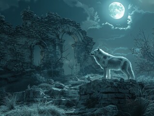 Blinding rays at ancient grave stone bulwark against time wild wolves cry under moonlight - obrazy, fototapety, plakaty