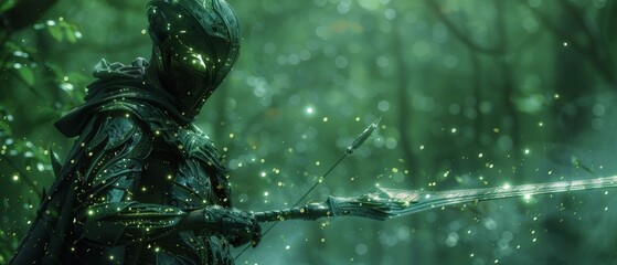 Carapace gleaming with aura Earth is defender against odds spear wraith in the mist twilight - obrazy, fototapety, plakaty