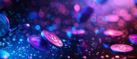 Coins levitating blue and purple hues high tech background central composition - obrazy, fototapety, plakaty