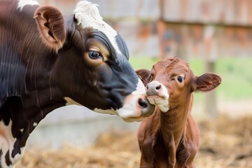 a cow licking its standing baby calf affectionately