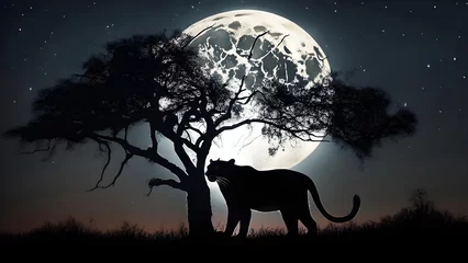 Fotobehang Panther silhouette against the background of the big moon in Africa © Юлия Жигирь