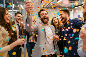 Corporate businesspeople having fun and in corporate party at office, celebrating spacial event such as corporate anniversary or business success.
