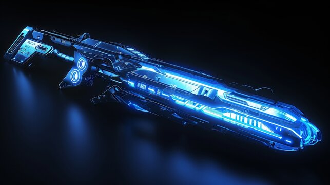 Isolated on a black background, the futuristic lance boasts high-tech enhancements, accentuated by a neon glow and sharp focus.