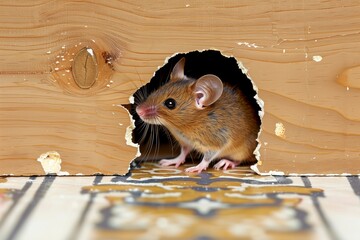 mouse surveying room from a hole in plasterboard - obrazy, fototapety, plakaty