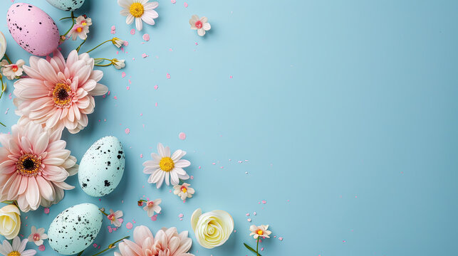Easter Sunday Background. Eggs and flowers on plain background