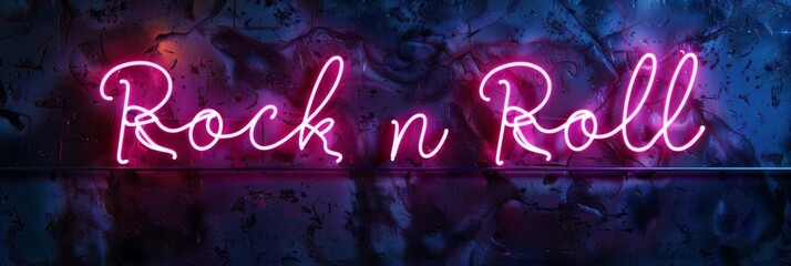 Neon lettering Rock n Roll text, set against a dark metal background. Modern 3D banner template design with neon bright lights