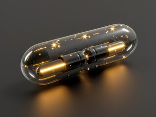 A sleek mana capsule, embodying arcane magic, rests isolated against a black backdrop, softly backlit to reveal clear details.