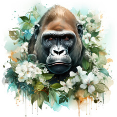 watercolor Gorilla Flowers clipart, Generative Ai