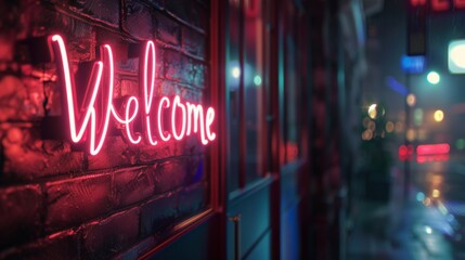 Neon Welcome text, set against a dark metal background. Modern 3D banner template design with neon bright lights