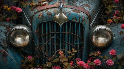 Küchenrückwand glas motiv A rusty vintage car with roses growing on it © SashaMagic