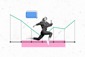 Composite photo collage of young happy girl run rush graph fund analyst strategy growth line isolated on painted background