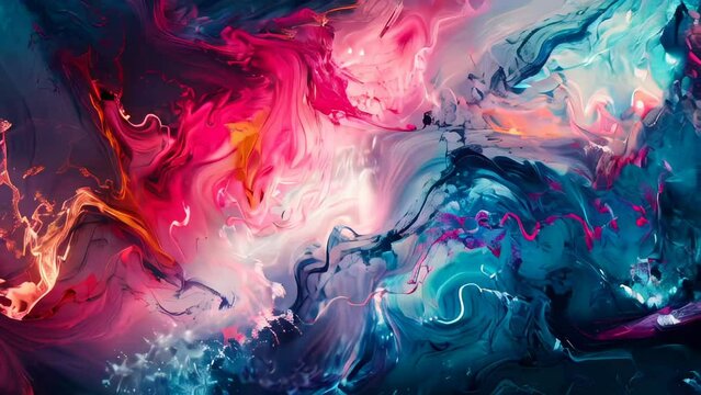 Abstract background of acrylic paint in blue, pink and red colors.