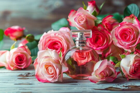 perfume bottle surrounded by fresh cut roses on table