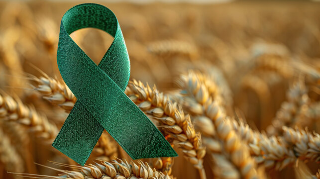 green ribbon logo for Celiac disease awareness month. ribbon sign on wheat spikelets background, banner, card, poster, template. Vector illustration.