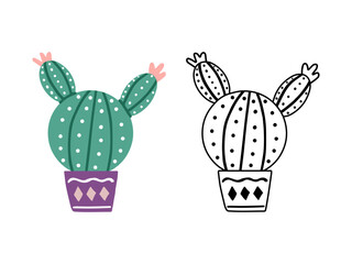 A set of hand-drawn outline and colored vector cacti isolated on white background. Doodle and flat style illustrations of spiny plants, blooming cactus, succulent plants in ceramic pots. Home plants