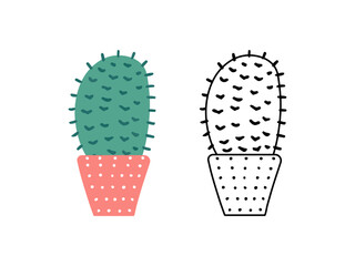 A set of hand-drawn outline and colored vector cacti isolated on white background. Doodle and flat style illustrations of spiny plants, blooming cactus, succulent plants in ceramic pots. Home plants